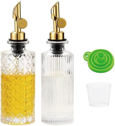 Glass Olive Oil Dispenser Bottle Small, 6.5 Oz/ 200 ml Coffee Simple Syrup Bottles with Gold Metal Pour Spout, Funnel, Measuring Cup, Oil and Vinegar Bottle for Kitchen (2 Pack)