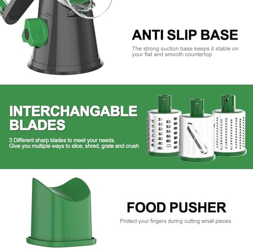 Cambom Rotary Cheese Grater Hand Crank Cheese Shredder for Fresh Cheese, Vegetable, Nuts,Non-slip Suction Base, Three Blades, Gray Green