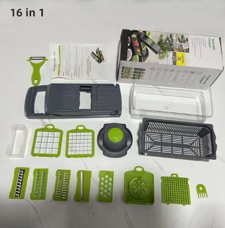 16 IN 1 VEGETABLE CHOPPER AND SLICER WITH CONTAINER -MULTI- FUNCTIONAL MANDOLINE CUTTER FOR ONIONS, FRUITS &CHEESE - KITCHEN GADGETS WITH INTERCHANGEABLE BLADES &PEELER.