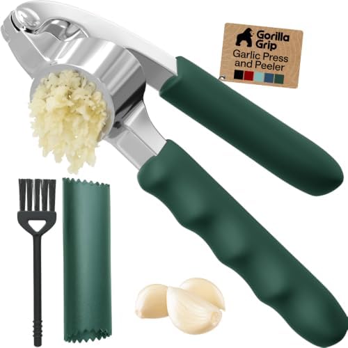 GORILLA GRIP Garlic Press and Peeler Set, Heavy Duty Mincer, Hunter Green
