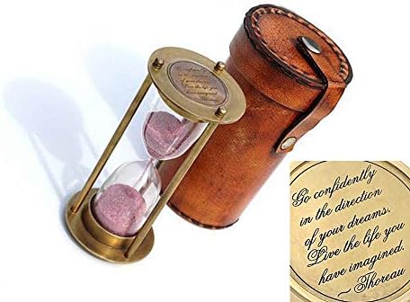Brass Hourglass with Inspirational Quote by Thoreau | Timeless Sand Timer with Premium Leather Case | Elegant Vintage Home Decor & Gift | Antique Look | Nautical Graduation Collectible