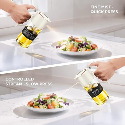 PLAPITATE 17oz/500ml Premium Olive Oil Sprayer for Cooking, 2 in 1 Glass Olive Oil Dispenser Bottle for Kitchen Gadgets, Spray Bottle with Portion Control for Salad, Frying, BBQ (White)