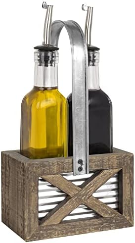 Autumn Alley Rustic Farmhouse Oil and Vinegar Dispenser Set - Oil and Vinegar Caddy Holder Set of Weathered Wood, Galvanized Metal - Adorable Rustic Kitchen Decor -250ml 8 oz