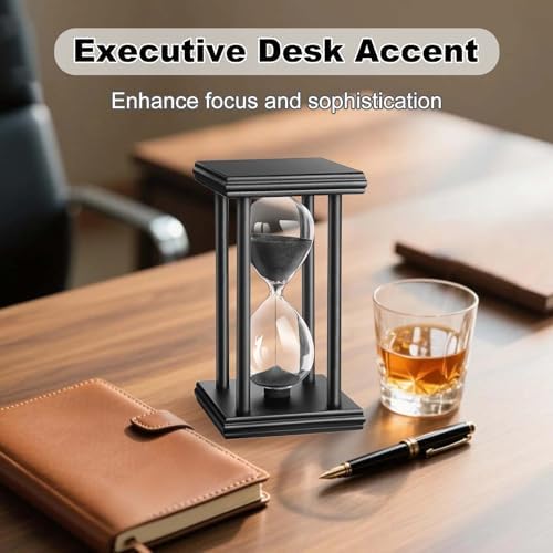 15 Minute Hourglass Timer, Wooden Stand Sand Timer Clock, Black Sand Watch 15 Min, Antiguo Reloj De Arena, Large Unique Hour Glass Sandglass for Home Desk Office (Black)