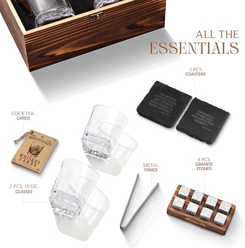 Mixology & Craft Whiskey Stones Gift Set – Includes Two 10oz Crystal Whiskey Glasses, 8 Granite Chilling Rocks, Slate Coasters, Metal Tongs, Cocktail Recipe Cards, Elegant Wooden Storage Box
