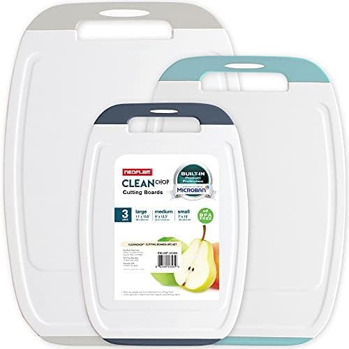 Neoflam Microban Protection Cutting Board 3 Piece Set, Stain & Odor/BPA Free, Reversable Board, Upgraded Larger Juice Groove, Non-Slip EZ Grip Handle, Dishwasher Safe,Grey