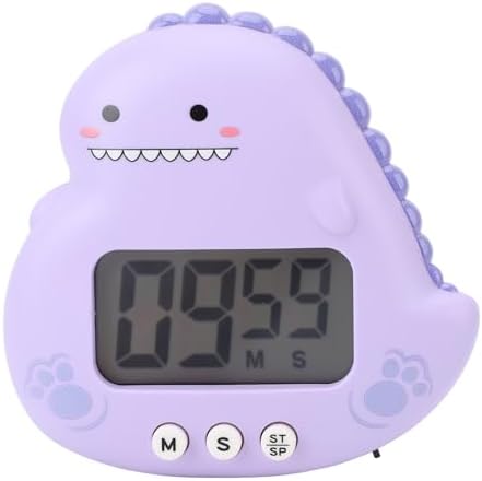 Digital Kitchen Timer with LCD Display, Cute Cartoon Dinosaur Design, Violet, Magnetic Back and Stand for Classroom, Home Study