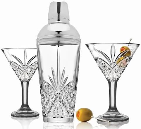 Godinger Cocktail Shaker and Cocktail Glasses Bar Set, Martini Shaker and 2 Martini Glasses Set - Dublin Collection