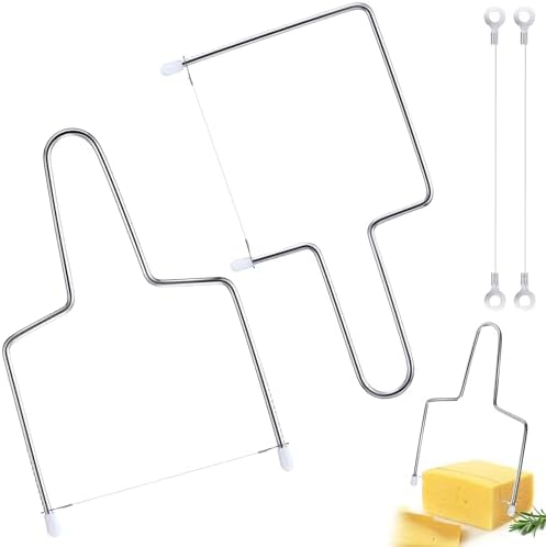 Feekoon 2 Pack Cheese Slicer Cutter with Extra 2 Wires, Stainless Steel Cheese Slicer with Adjustable Wire Cheese Cutter, Long Lasting Wires Cheese Slicer for Block Cheese and Butter Slicer, Silver