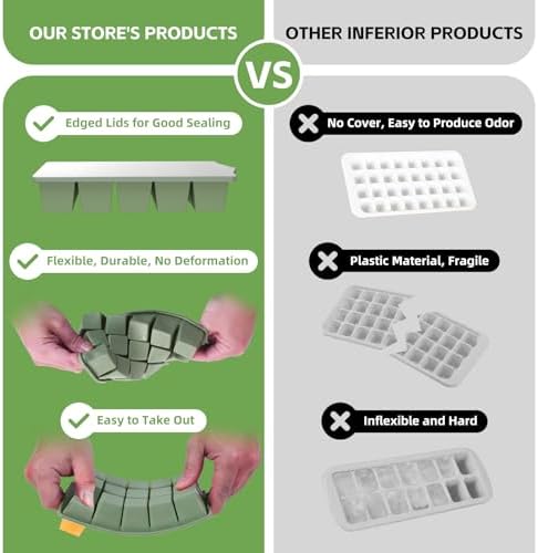 FANYITY Silicone Ice Cube Tray with Lid, Green, Pack of 4 Ice Cube Moulds, Silicone Mould, BPA-Free, Stackable Ice Cube Tray, Ice Cube Trays for Baby Porridge, Cocktail, Whiskey, Coffee