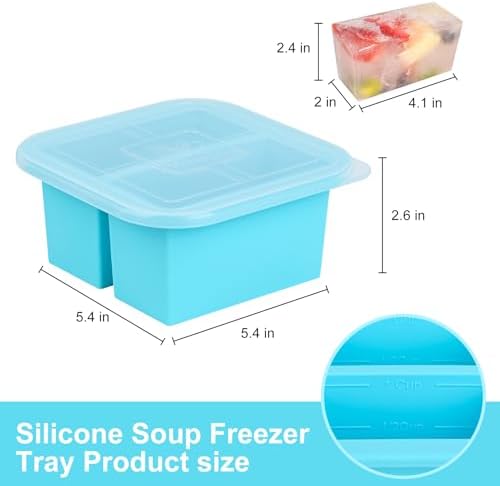 Silicone Freezer Tray with Lid 2 Pack Silicone Freezer Molds Ice Cube Tray Makes 4 Perfect 1 Cup Portions Soup Cubes Meal Prep Containers- Oven & Dishwasher Safe