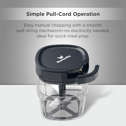 Butterfly 2.5 Cups Premium Plastic Manual Food Chopper, Hand Pull String Onion Vegetable Mincer Dishwasher Safe, 600ml, Blue