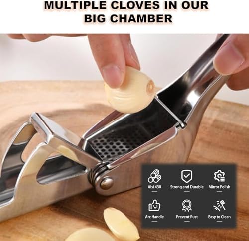 Croomi Garlic Press Stainless Steel - Premium Professional Mincer Tool - Rust Proof & Dishwasher Safe - Garlic Presser & Masher - Ginger Crusher with Soft Ergonomic Handle - Easy to Squeeze & Clean