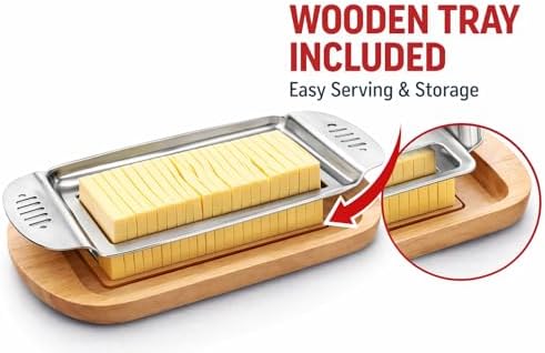 Namre Wire Butter Slicer Cutter with Wooden Tray, Stainless Steel