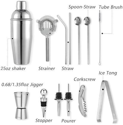 Cocktail Shaker Set Bartender Kit, Godmorn 15Pcs Bartender Shaker Set, 304 Stainless Steel Martini Shaker and Strainer, Bar Tool Set with Bamboo Stand, Recipe Book, for Home and Bar Party
