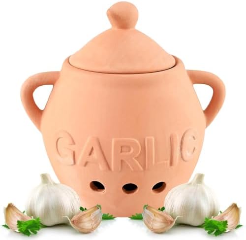 Home-X Unglazed Terracotta Garlic Keeper, Kitchen Counter Accessory, Farmhouse Storage Container with Lid, Small Storage Jar for Garlic Bulbs, 5 ¼” D x 4 ¼” H, Terra Cotta
