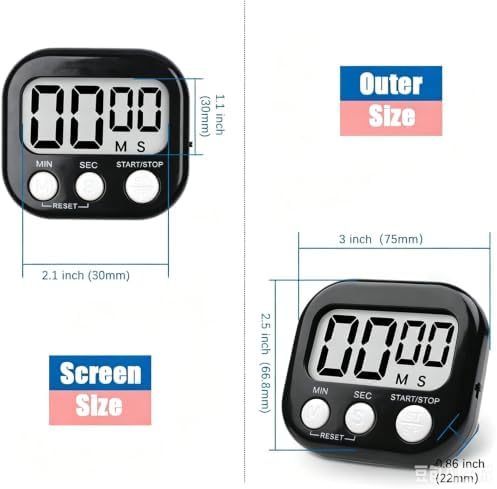 12 Pack Digital Kitchen Timer Large LCD Display Loud Alarm Strong Magnetic Stand, Minute Seconds Count Up Countdown and Simple Operation Timers for Cooking, Bathroom, Kids, Teacher, Classroom - Black