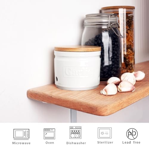 ONTUBE Ceramic Garlic Keeper with Wooden Lid 4-Inch,Garlic Holder (White)
