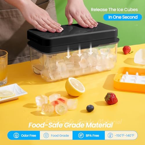 PHINOX 1" Ice Cube Tray with Lid and Bin, Easy Release 64 Cubes for Freezer