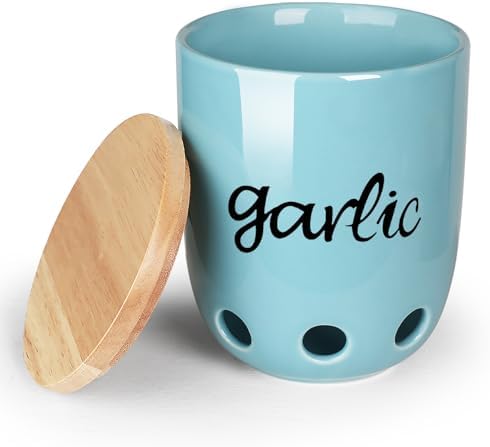 Ceramic Garlic Keeper for Counter with Wood Lid (Turquoise)