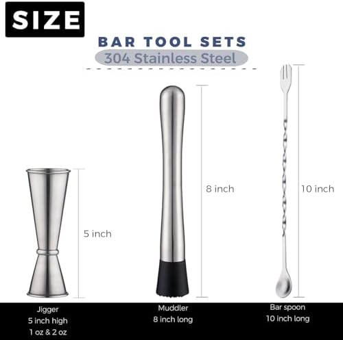 Muddler for Cocktails, 10 Inches Bar Spoon, 1 oz 2 oz Double Jigger- Premium 3 Piece Silver Mixing Tools Set for Drinks