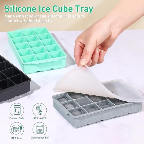 Silicone Ice Cube Tray with Lid, 3 Pack Easy-Release Flexible 15 Ice Cube Molds, Stackable Ice Trays for Freezer, Square Ice Maker Tray for Cocktail, Whiskey, Juice, Baby Food, BPA Free