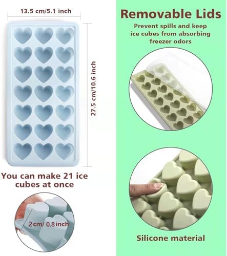Heart Shape Ice Cube Tray, 21 Holes Silicone Ice Cube Mold with Removable Lid Flexible for Whiskey Cocktail Chocolate