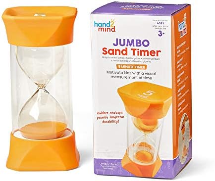 hand2mind Orange Jumbo Sand Timers, 5 Minute Sand Timer, Hourglass Sand Timer with Soft Rubber End Caps Offers Quiet Pausing, Classroom Sand Timers for Kids, Teeth Brushing and Game Timer (Set of 1)