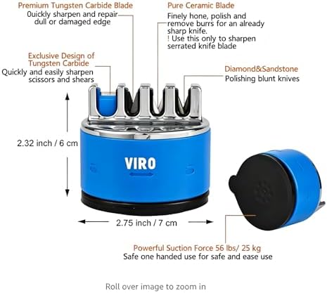 VIRO Compact Suction Kitchen Chef Knife Scissors Sharpener for Straight & Serrated Knives, 4-Stage Knife Sharpening Tool Helps Repair and Restore Blades (Bright Blue)