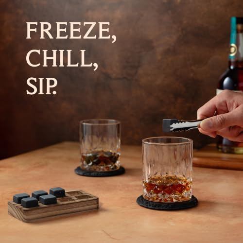 Mixology & Craft Whiskey Gift Set - Includes 2 Lead-Free Crystal Glasses, 8 Granite Chilling Stones, 2 Slate Coasters, Metal Tongs & Recipe Cards with a Wooden Army Crate Box