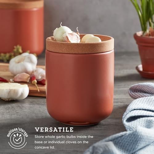 Kamenstein Ceramic and Cork Breathable Garlic Keeper to Allow Air Flow for Freshness; Stackable Space Saving Cork Lid, Natural Cork and Terra Cotta Ceramic, 4 x 4 x 5 Inch