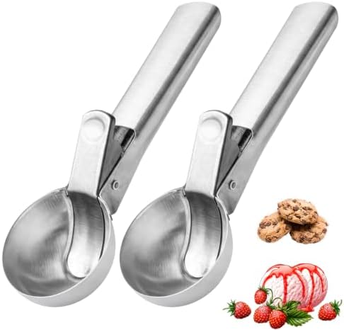 Ice Cream Scoop, Stainless Steel with Trigger & Comfortable Handle, Dishwasher Safe, DIY Ice Cream, Cookie Dough, Muffin, Baking, Sorbet, Gelato, Fruit (2P silver)