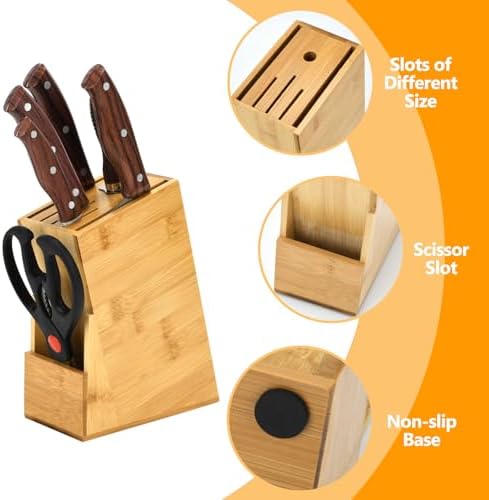 Wood Kitchen Knife Block, 6 Slots Universal Knife Storage Organizer