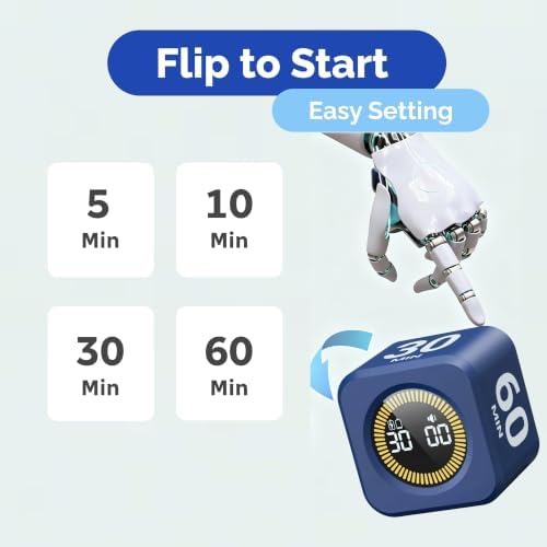 KADAMS Pomodoro Timer – Visual Cube with 5/10/30/60 Min Presets, LED Countdown Ring & Count Up Mode, Silent Flip Productivity Timer for Study, Classroom, Office, Cooking (Navy Blue 5-10-30-60)
