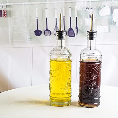 eleganttime 2 Pack Glass Oil and Vinegar Dispenser Set 16oz, Superior Leakproof Olive Oil Dispenser Bottle Strong with Cork for Kitchen Cooking, with Stainless Steel Spout and Silica Gel Funnel