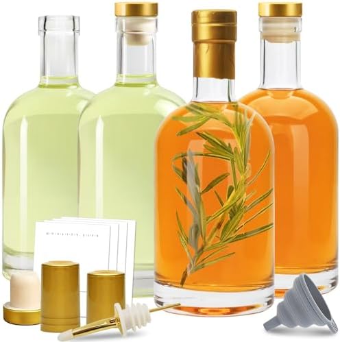 Olive Oil Dispenser Bottle for Kitchen, Clear Glass Oil and Vinegar Dispenser Set, Coffee Syrup Dispenser, Container With Metal Pour Spout, Airtight Lid, Funnel, Waterproof Labels (375ml-4 Pack)