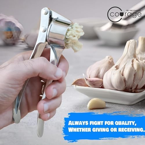 Courage Premium Stainless Steel Garlic Press Crusher | Heavy Duty Garlic Mincer & Ginger Crusher | Ergonomic Manual Garlic Presser | Rustproof Easy Clean Kitchen Tool for Garlic & Ginger.