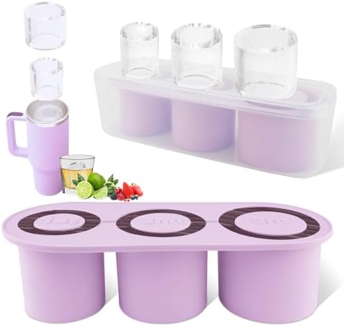 Fu Store Ice Cube Tray for Tumbler Cup 30-40 oz Tumbler 3pcs Silicone Ice Cube Molds With Lid and Bin for Chilling Cocktails Whiskey Drinks Juice Coffee Easy Fill and Release Ice Maker (Purple，40 oz)