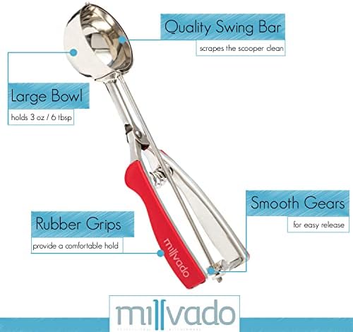 Millvado Stainless Steel Ice Cream and Cookie Scoop | Large Sized, With Red Rubber Grips, Spring Loaded Lever Design, For Sorbet, Melon, Meatballs, Muffins, and More, 3 Ounce Scooper
