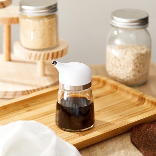 2 Pcs Cruet Dispenser Set 5 oz, White Glass Soy Sauce Dispenser, Small Olive Oil and Vinegar Bottles, Soy Sauce Bottle, Non Drip Spout Cruet Bottle Container for Kitchen Cooking