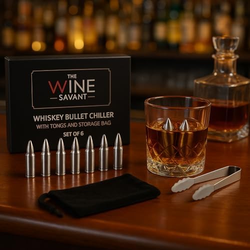 Bullet Whiskey Chillers Stones - Whiskey Rocks by The Wine Savant Set of 6 - Stainless Steel Bullet Shaped Ice Cubes, Gift Box Come, Tongs and Storage Bag, Scotch Rocks (Silver) (Pack of 2)