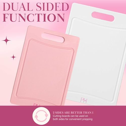 Paris Hilton Cutting Boards for Kitchen, Reversible Dual Sided Plastic Cutting Board Set with Juice Grooves, Easy Grip Handle, Heavy Duty and Made Without BPA, Dishwasher Safe, 3-Piece, Pink and Cream