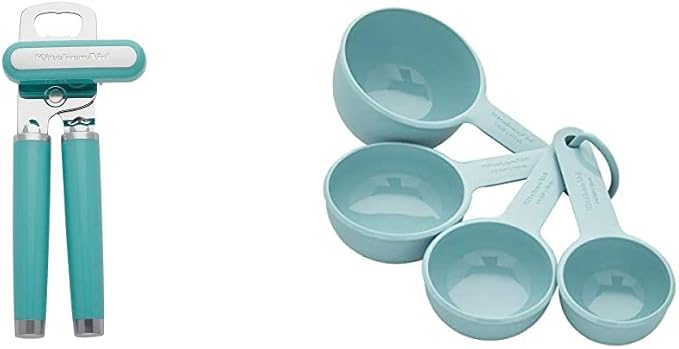 KitchenAid Classic Multifunction Can Opener/Bottle Opener, 8.34-Inch, Aqua Sky and KitchenAid Measuring Cups, Set Of 4, Aqua Sky