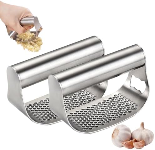 Stainless Steel Garlic Press Garlic Presser,2024 Upgraded Garlic Press Mincer Garlic Crusher with Peeler and Cleaning Brush,Handle Garlic Mincer Press Kitchen Tools Gift for Woman (A 2pcs)