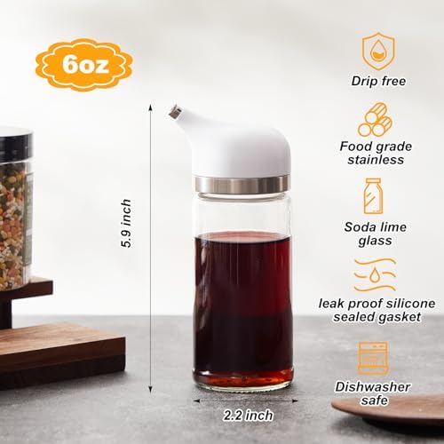 2 Pcs Cruet Dispenser Set 6 oz, White Glass Soy Sauce Dispenser, Small Olive Oil and Vinegar Bottles, Soy Sauce Bottle, Non Drip Spout Cruet Bottle Container for Kitchen Cooking