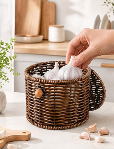 NiHome Garlic Keeper for Counter, Handwoven Rattan, Ventilated, Dark Brown