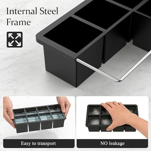 Bangp Silicone Ice Cube Trays with Metal Reinforced Frame(3 Pack),Large Ice Cube Tray with Lid,Easy Release Whiskey Ice Cubes Mold,Ice Trays for Freezer,Stackable Ice Cube Tray(Black)
