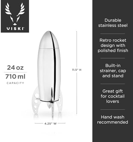 Viski Rocket Cocktail Shaker with Strainer Bar Set for Cold Brew Cocktails, Margarita, Espresso Martini, Stainless Steel Martini Shaker, Home Bar Accessories, Bartending Tools, Bartender Gifts, 24oz
