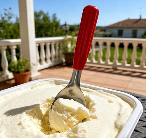 Heavy Duty Flat Ice Cream Scoop Spade with Serrated Edge for Rock Hard Frozen Treats, Stainless Steel with Good Grip Red Handle
