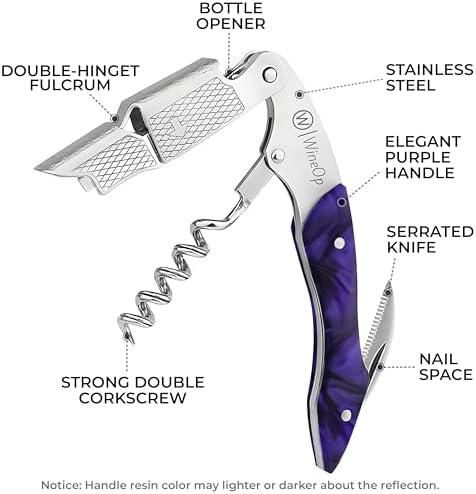 WineOp Professional Wine Opener Luxury Double Hinged Waiter's Corkscrew Wine Bottle Key - Cork screwer for Servers, Bartenders, Sommelier and Home Use | All-In-One Stainless Steel (Purple Resin)
